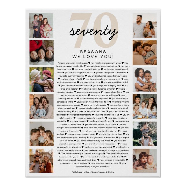 70 Reasons We Love You Birthday Keepsake Gift Poster (Front)