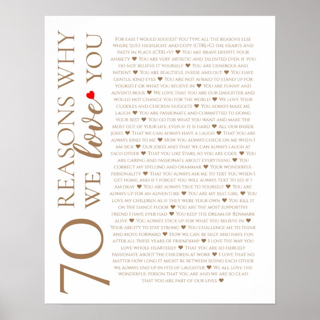 70 reasons why we love you 80th 60th 50th birthday poster (Front)