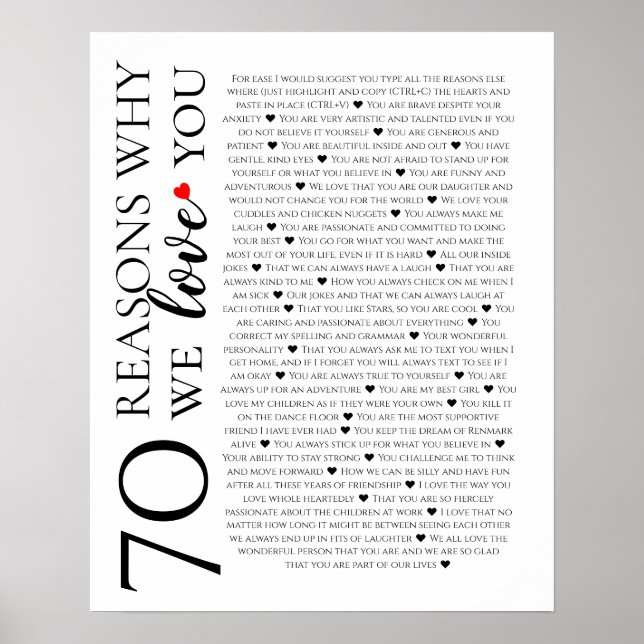 70 reasons why we love you 80th 60th 50th birthday poster (Front)