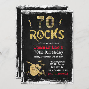 70 Rocks Rockstar Guitar 70th Birthday Invitation