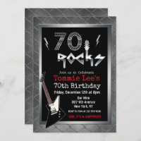70 Rocks Rockstar Guitar 70th Birthday Invitation