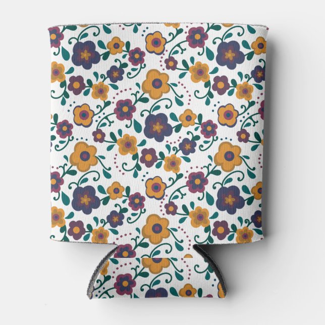 70’s Folk Art Ditzy Retro Daisy in Jewel Tones Can Cooler (Front)