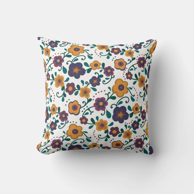 70’s Folk Art Ditzy Retro Daisy in Jewel Tones Cushion (Front)