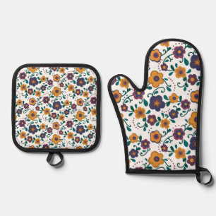 70’s Folk Art Ditzy Retro Daisy in Jewel Tones Oven Mitt & Pot Holder Set