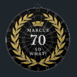 70 So what Funny Laurel Wreath Crown 70th Birthday Dartboard<br><div class="desc">70 So what Funny Laurel Wreath Crown 70th Birthday Dart Board. A funny quote I`m 70 so what in modern bold fonts. The design has a laurel wreath around the words and a crown above the custom name. Add your name. Perfect gift for a man with a sense of humour....</div>