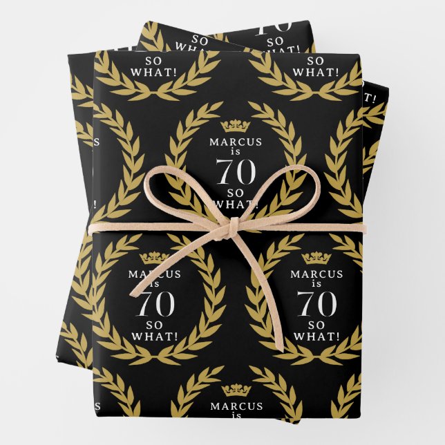 70 So what Funny Laurel Wreath Crown 70th Birthday Wrapping Paper Sheet (In situ)
