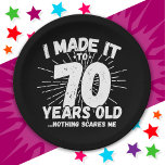 70 Year Old Sarcastic Meme Funny 70th Birthday Paper Plate<br><div class="desc">This funny 70th birthday design makes a great sarcastic humour joke or novelty gag gift for a 70 year old birthday theme or surprise 70th birthday party! Features 'I Made it to 70 Years Old... Nothing Scares Me' funny 70th birthday meme that will get lots of laughs from family, friends,...</div>