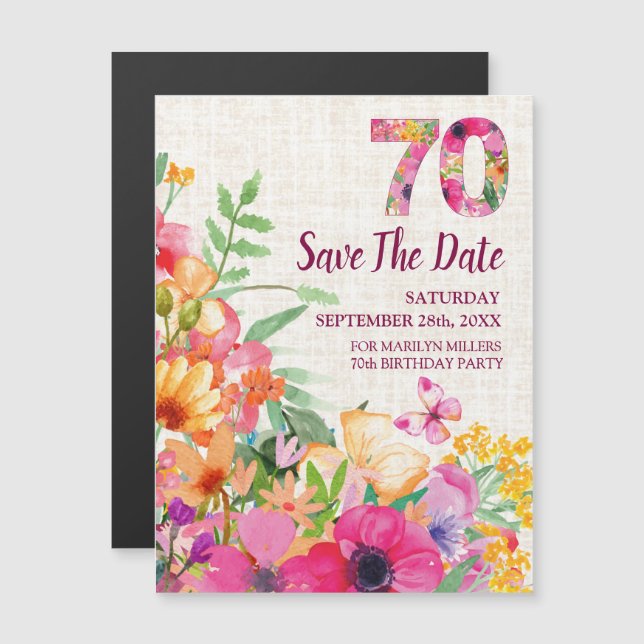 70 Years Floral Linen 70th Birthday Save the Date Magnetic Invitation (Front/Back)