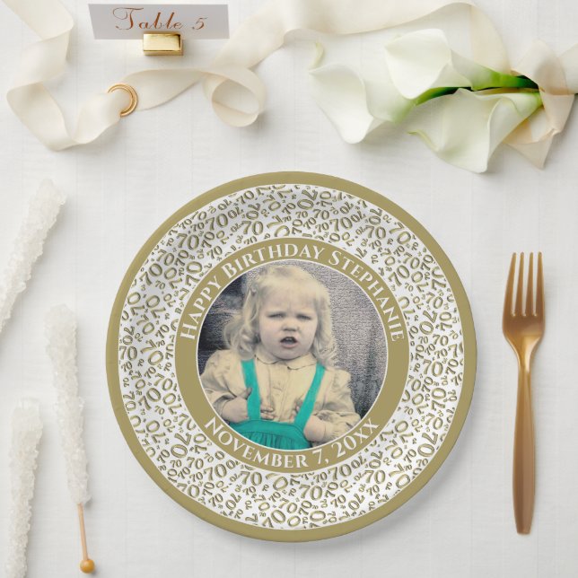 70 Your Photo Random Number Pattern Gold/White Paper Plate (Wedding)