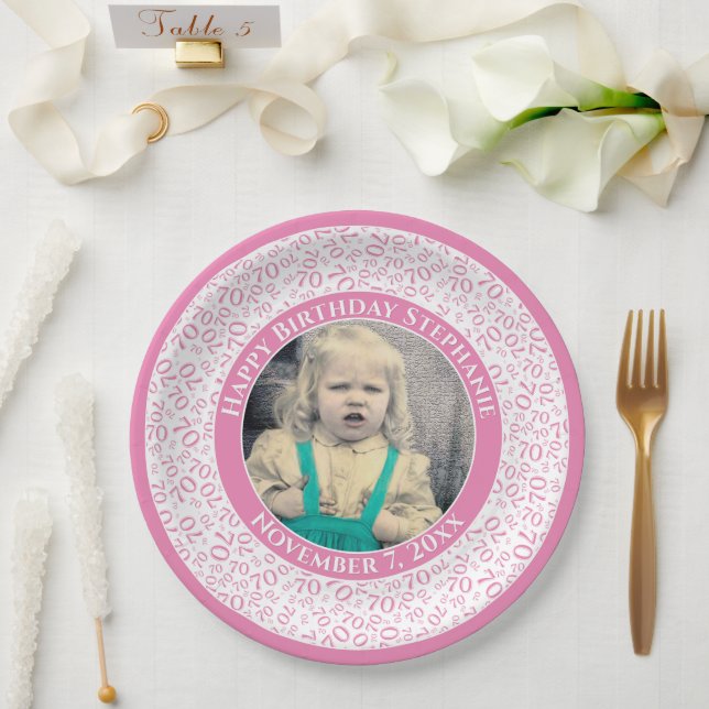 70 Your Photo Random Number Pattern Pink/White Paper Plate (Wedding)
