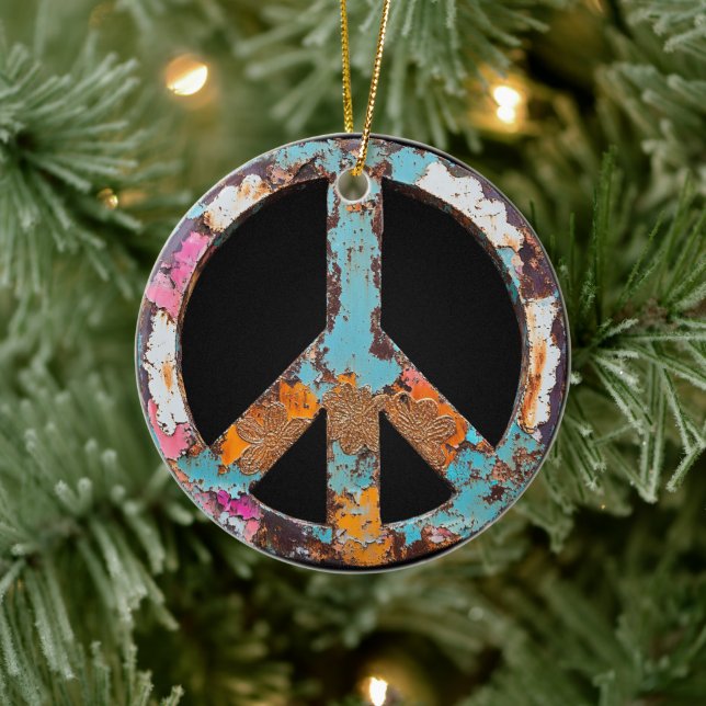 70s 60s Peace Sign Colorful Ceramic Ornament (Tree)