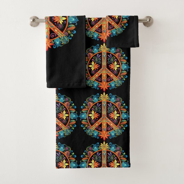 70s 60s Peace Sign Colourful Bath Towel Set (Insitu)