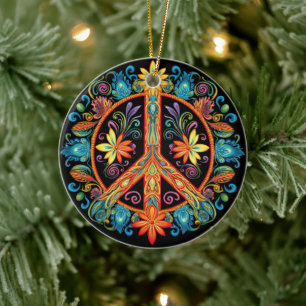 70s 60s Peace Sign Colourful Ceramic Ornament