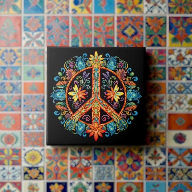 70s 60s Peace Sign Colourful Ceramic Tile (Creator Uploaded)