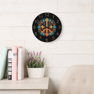 70s 60s Peace Sign Colourful Large Clock