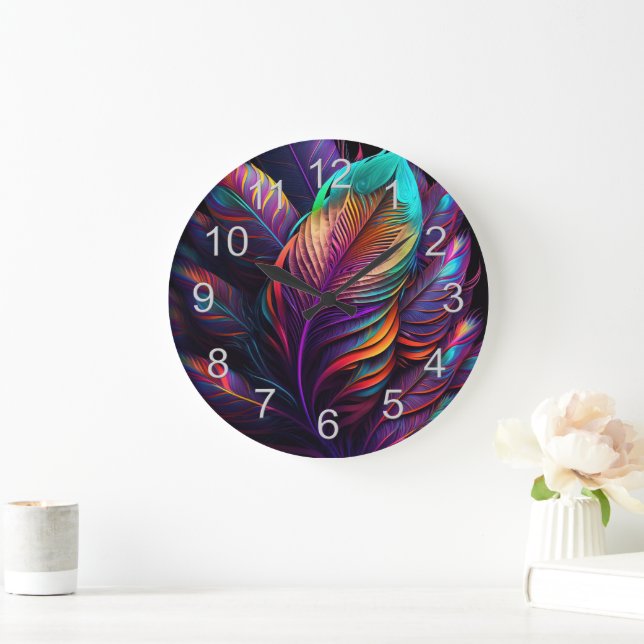 70s 60s Psychedelic Feathers  Large Clock (Home)