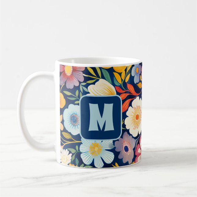 70s 60s Retro Floral Monogram Blue and Orange  Coffee Mug (Left)