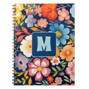 70s 60s Retro Floral Monogram Blue and Orange  Notebook