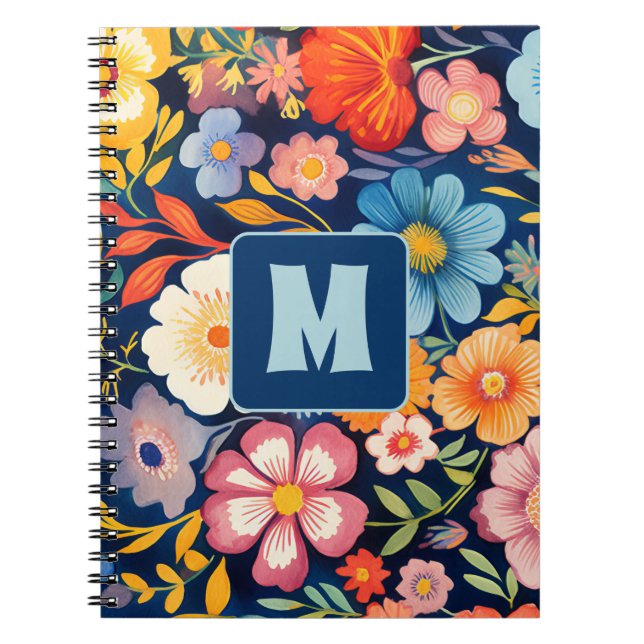70s 60s Retro Floral Monogram Blue and Orange  Notebook (Front)