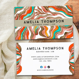 70s Boho Groovy Retro Orange Abstract Wavy Lines Business Card