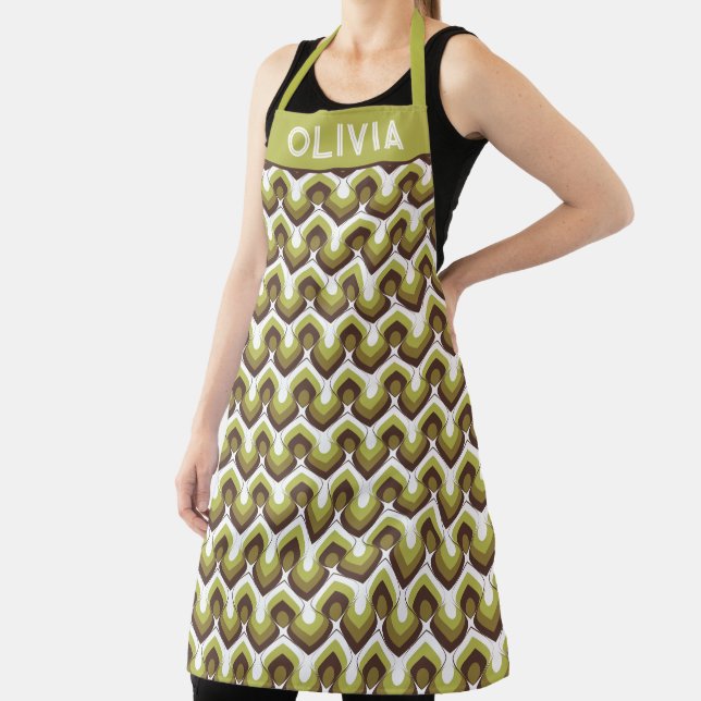 70s Bold Modern Retro Ogee Motif in Greens Apron (Insitu)