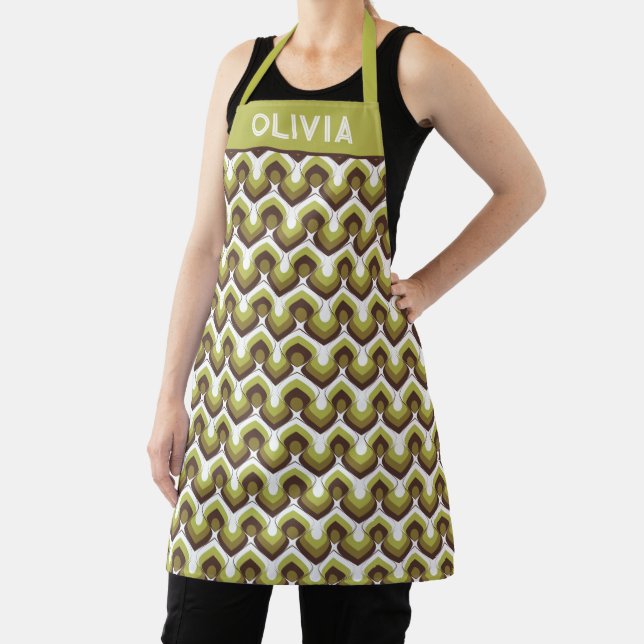 70s Bold Modern Retro Ogee Motif in Greens Apron (Insitu)