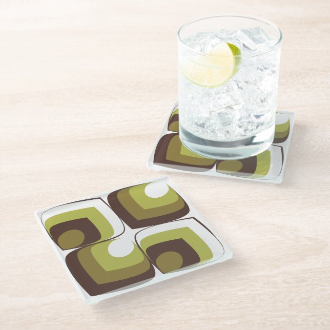 70s Bold Modern Retro Ogee Motif in Greens Glass Coaster (Angled)