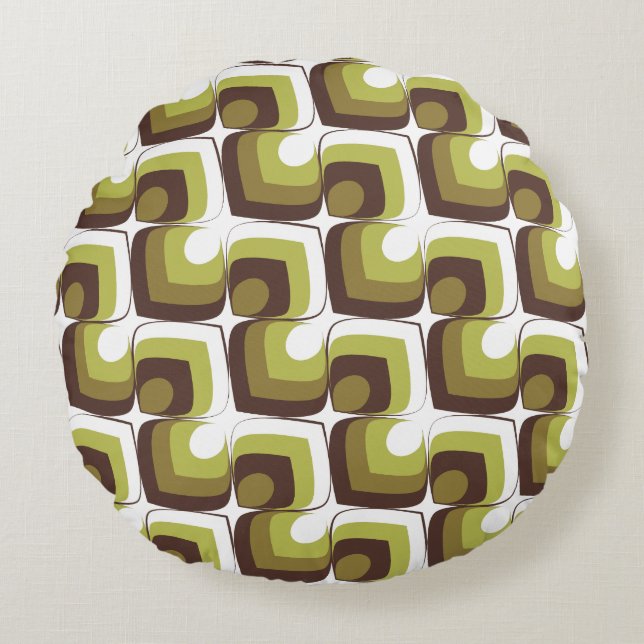 70s Bold Modern Retro Ogee Motif in Greens Round Cushion (Front)