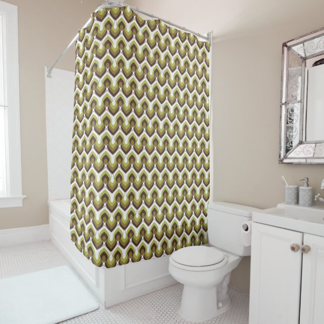70s Bold Modern Retro Ogee Motif in Greens Shower Curtain (In Situ)