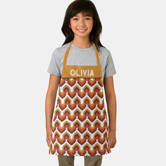 70s Bold Retro Modern Motif in Orange & Brown Apron (Insitu)