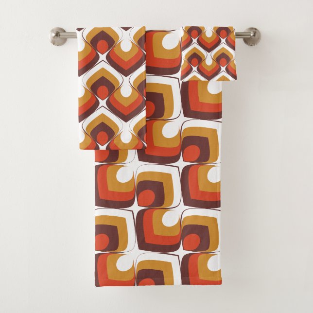 70s Bold Retro Modern Motif in Orange & Brown Bath Towel Set (Insitu)