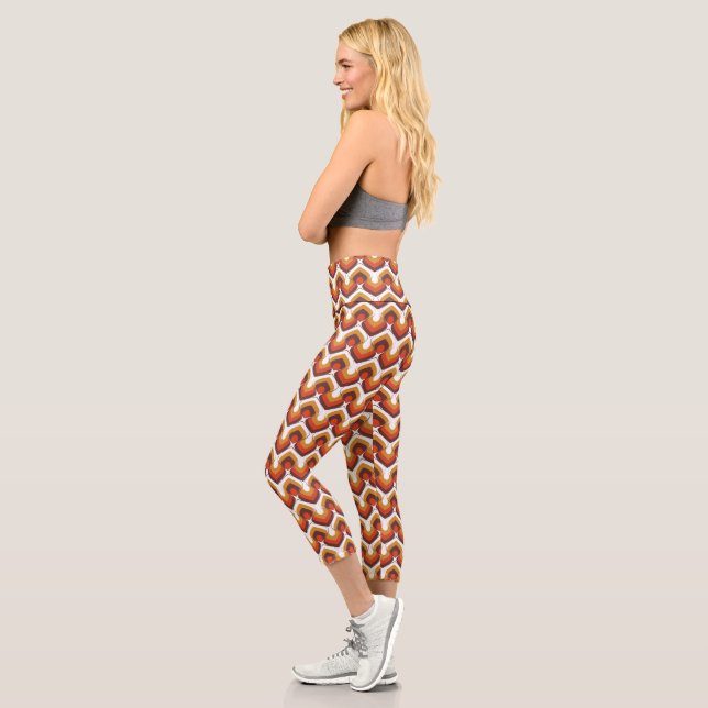 70s Bold Retro Modern Motif in Orange & Brown Capri Leggings (Left)