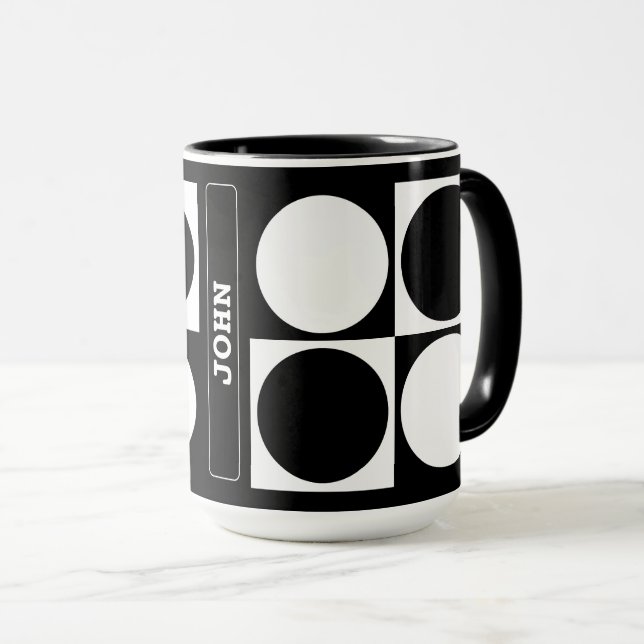70s Checks and Circles Black and White Mug (Front Right)