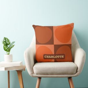70s Checks and Circles Flame Orange Cushion