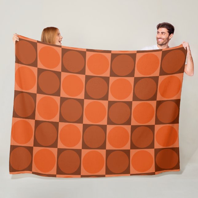 70s Checks and Circles Flame Orange Fleece Blanket (In Situ)