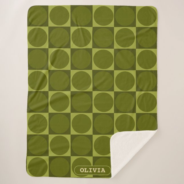 70s Checks and Circles Green Sherpa Blanket (Front)