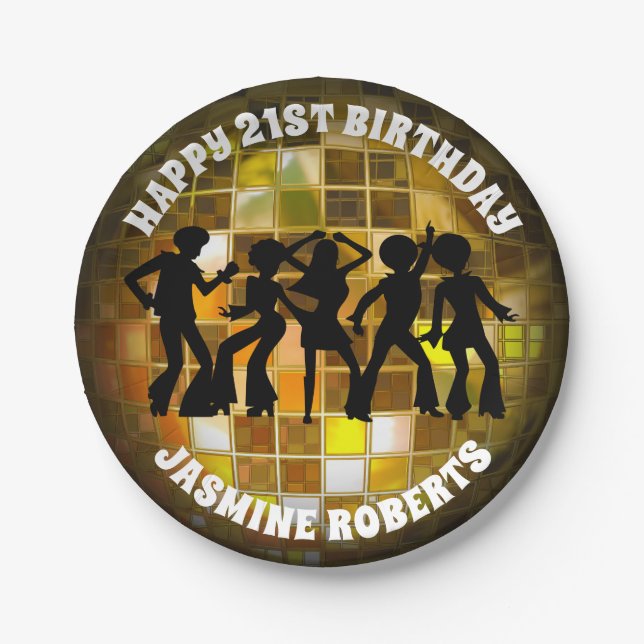 70's Disco Birthday | Gold Glitter Ball Paper Plate (Front)