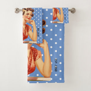 70s Elegant unique retro artwork Polka dots Blue Bath Towel Set