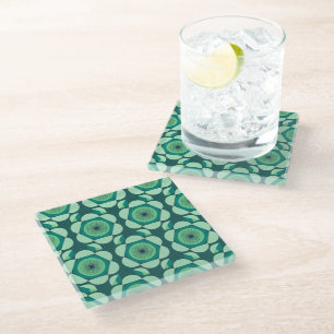 70s floral vibe - green and blue glass coaster