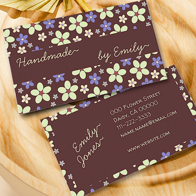 70s Flowers Handmade By Name Brown Boho Style Cute Business Card (Creator Uploaded)