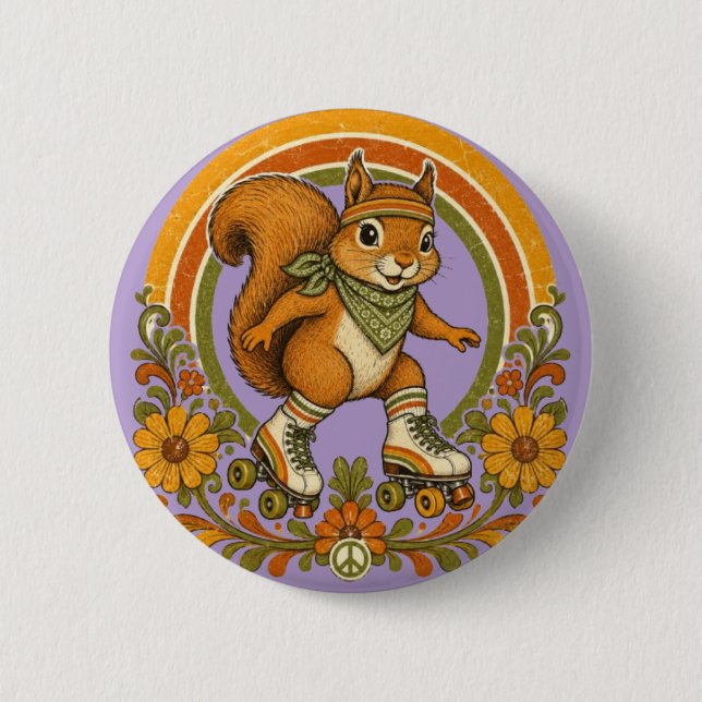 70s Groovy Roller Skating Squirrel 6 Cm Round Badge (Front)