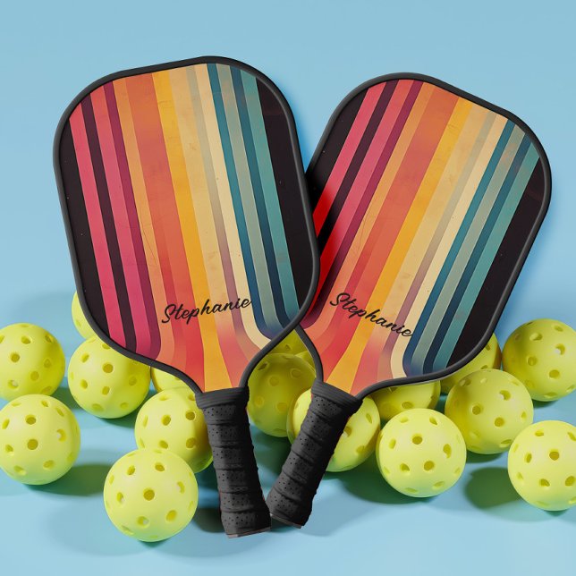 70s Inspired Abstract Stripes Pickleball Paddle (Front and back view - Make a bold statement on the court with this retro-inspired pickleball paddle.)