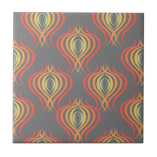 70s Inspired Ogee Pattern Orange Red Grey Ceramic Tile (Front)