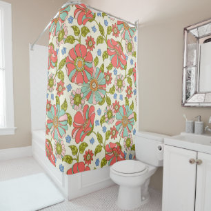 70's Pink & Aqua Floral Retro Shower Curtain