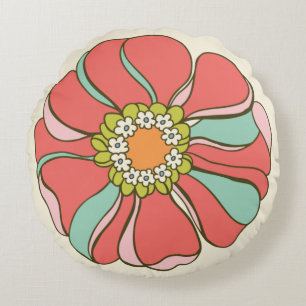 70s Pink & Aqua Retro Flower Round Cushion
