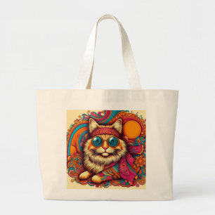 70's psychedelic cat large tote bag