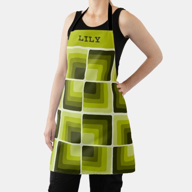 70s Rainbow Squares Monochrome Green Apron (Insitu)