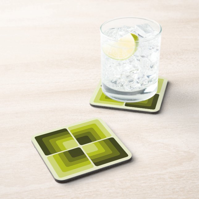70s Rainbow Squares Monochrome Green Coaster (Right Side)