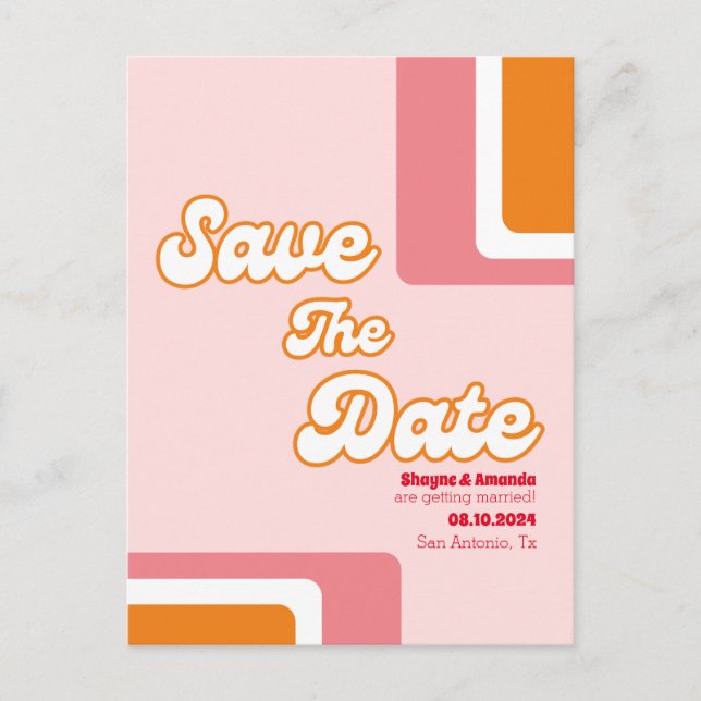 70s Retro blush pink orange groovy save the date Announcement Postcard (Front)