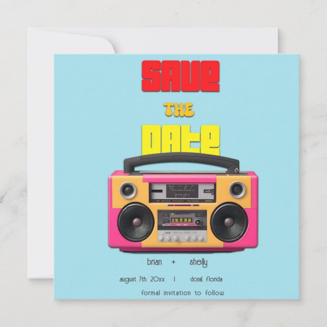 70s Retro Boombox Save the Date Announcement Card (Front)